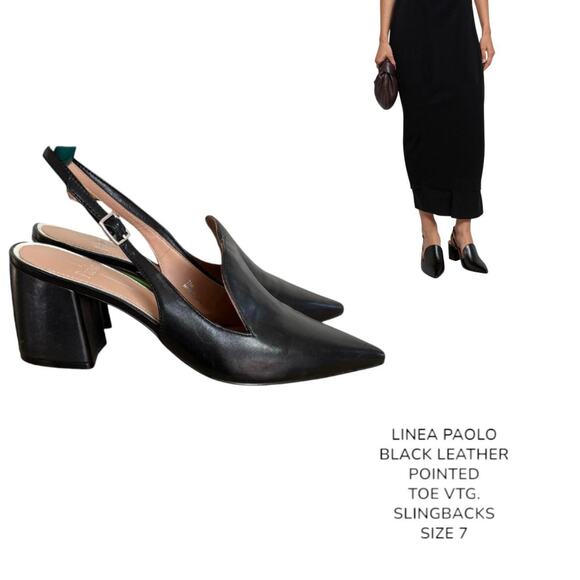 LINEA PAOLO Black leather slingback mule heels with pointed toe SIZE 7 EUC - Picture 1 of 8
